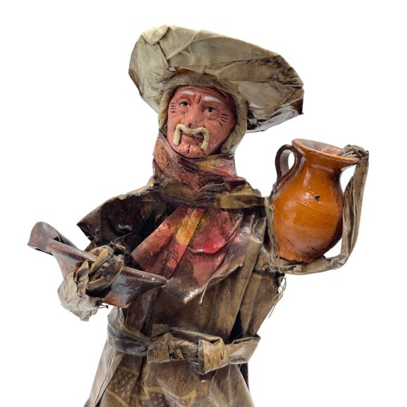 Vintage Mexican Paper Mache Folk Art Figure Of Man With Pottery On Wooden Base - Picture 2 of 16